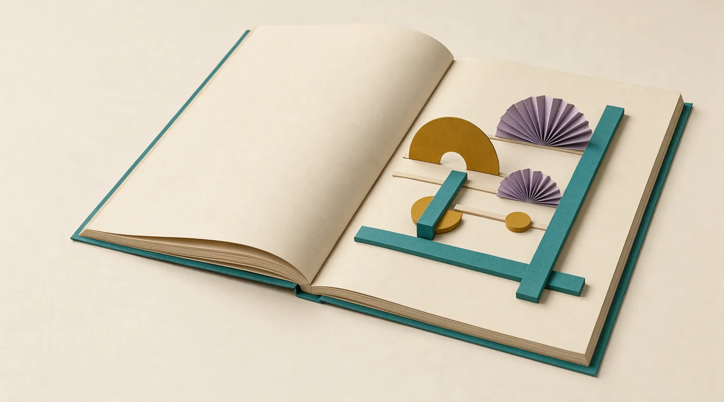 Layered cream, teal, mustard and lilac paper forms arranged like an open science almanac